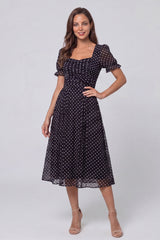 Black and White Polka Dot A Line Midi Work Dress with Short Sleeves