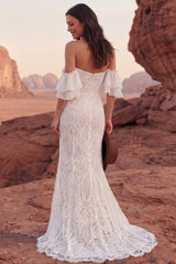 Ivory Off the Shoulder Mermaid Lace Ruffled Boho Wedding Dress