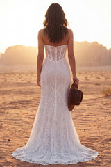 Ivory Strapless Mermaid Lace Corset Boho Wedding Dress with Slit