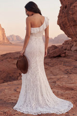 One Shoulder Ruffled Ivory Mermaid Lace Boho Wedding Dress