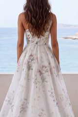 One Shoulder Ruched A Line Ivory Printed Maxi Wedding Dress