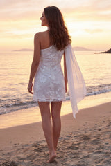 One Shoulder Floral Ivory Mini Bridal Shower Dress with Streamer