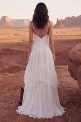 Ruffled A Line Ivory Chiffon Boho Wedding Dress with Slit
