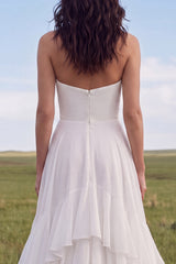 Strapless Ruffled A Line Ivory Boho Wedding Dress with Slit