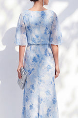 Blue Floral Ruched Mermaid Mother of the Bride Dress with Ruffles