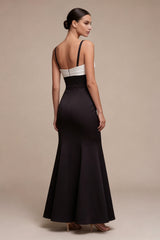 Black and White Mermaid Ruched Maxi Formal Dress