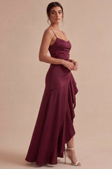 Burgundy Ruched Maxi Formal Dress with Ruffles