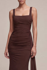 Mermaid Brown Ruched Chiffon Maxi Formal Dress with Side Cape