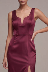 Mermaid Burgundy Corset Satin Maxi Formal Dress with Slit