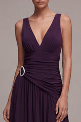 Plum A Line Pleated Ruched Maxi Formal Dress with Slit