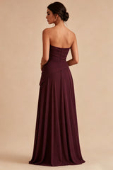 Burgundy Strapless Pleated Ruched A Line Maxi Formal Dress