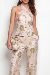 Halter Golden Floral 2 Piece Slim Fit Women Suits