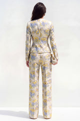 Round Neck Brocade Yellow Floral 2 Piece Women Suits
