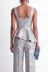 Square Neck Grey Blue Floral 2 Piece Women's Suits