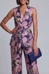 Navy Pink V-Neck Floral 2-Piece Women Suits