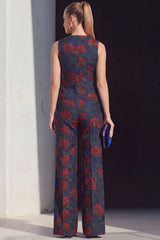 Navy V-Neck Jacquard 2-Piece Women's Suits