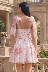 White Pink Floral A-Line Chiffon Homecoming Dress