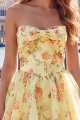 Yellow Corset A Line Strapless Floral Homecoming Dress With Bow