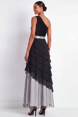 One Shoulder Black A Line Ruched Formal Dress with Ruffles