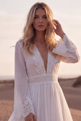 White V Neck Long Sleeve Lace A Line Pleated Wedding Dress