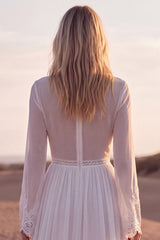 Long Sleeve V Neck Pleated White A Line Wedding Dress with Lace
