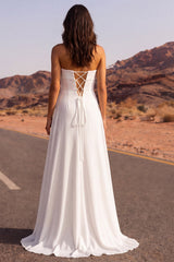 White Strapless A Line Ruched Maxi Wedding Dress
