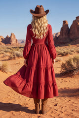 Red Long Sleeve A Line Ruffled Boho Midi Dress