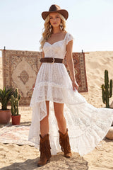 High Low White A Line Lace Ruffled Boho Wedding Dress