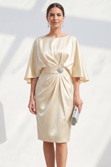 Champagne Satin Bodycon Ruched Midi Mother of the Bride Dress