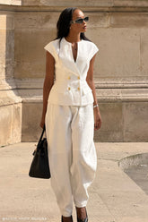 Oriana Linen Button Vest - White