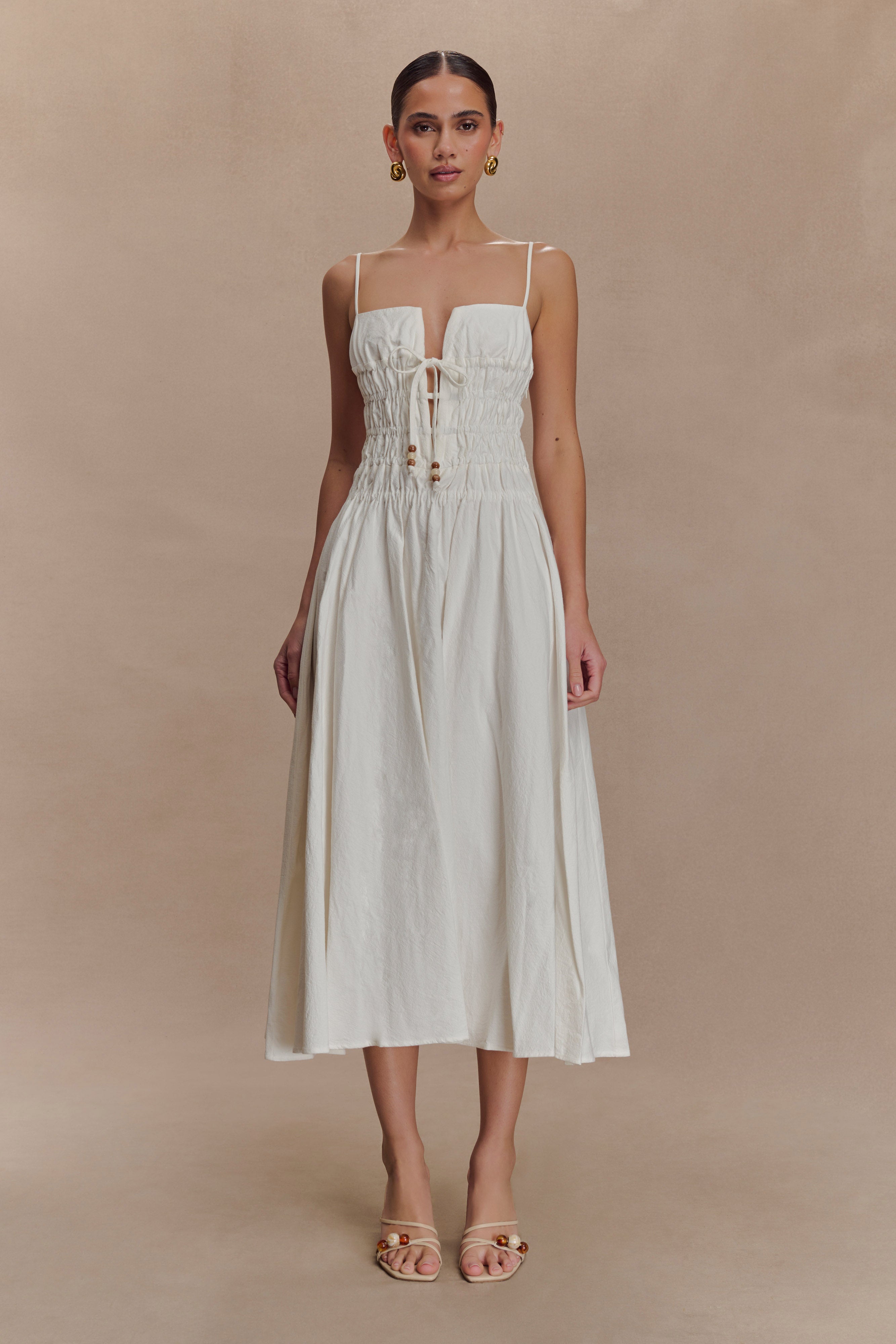 Elias Shirred Cotton Midi Dress - White