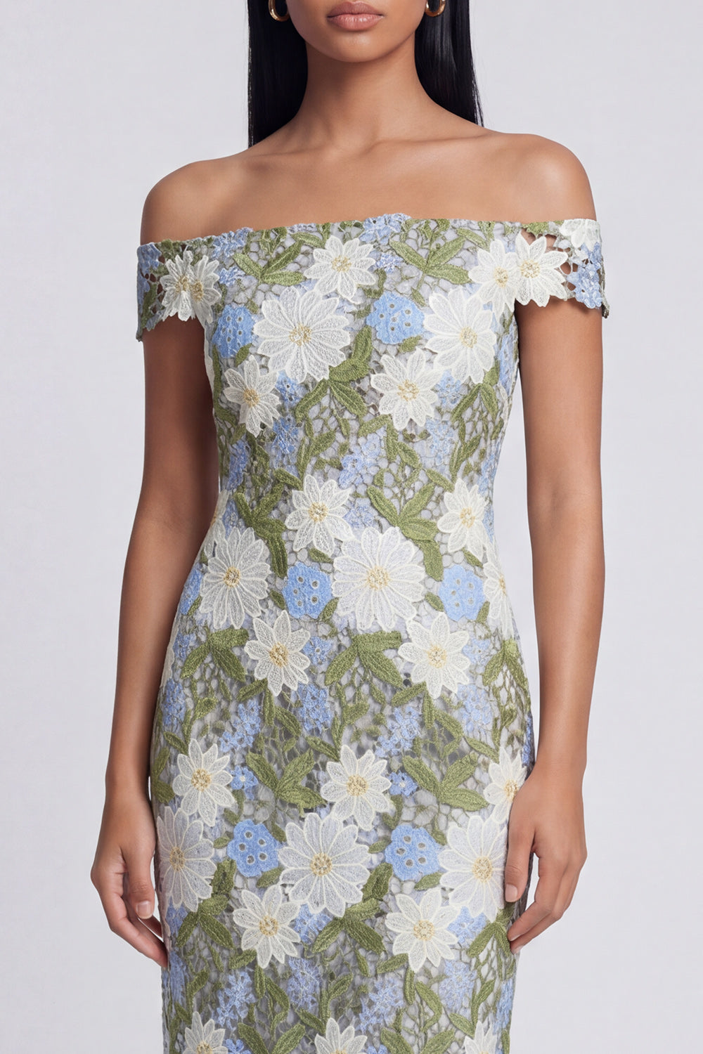 Off the Shoulder Cut Out Floral Green Wedding Guest Dress