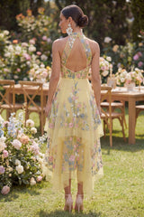 Halter Floral Yellow A Line Ruffled Wedding Guest Dress