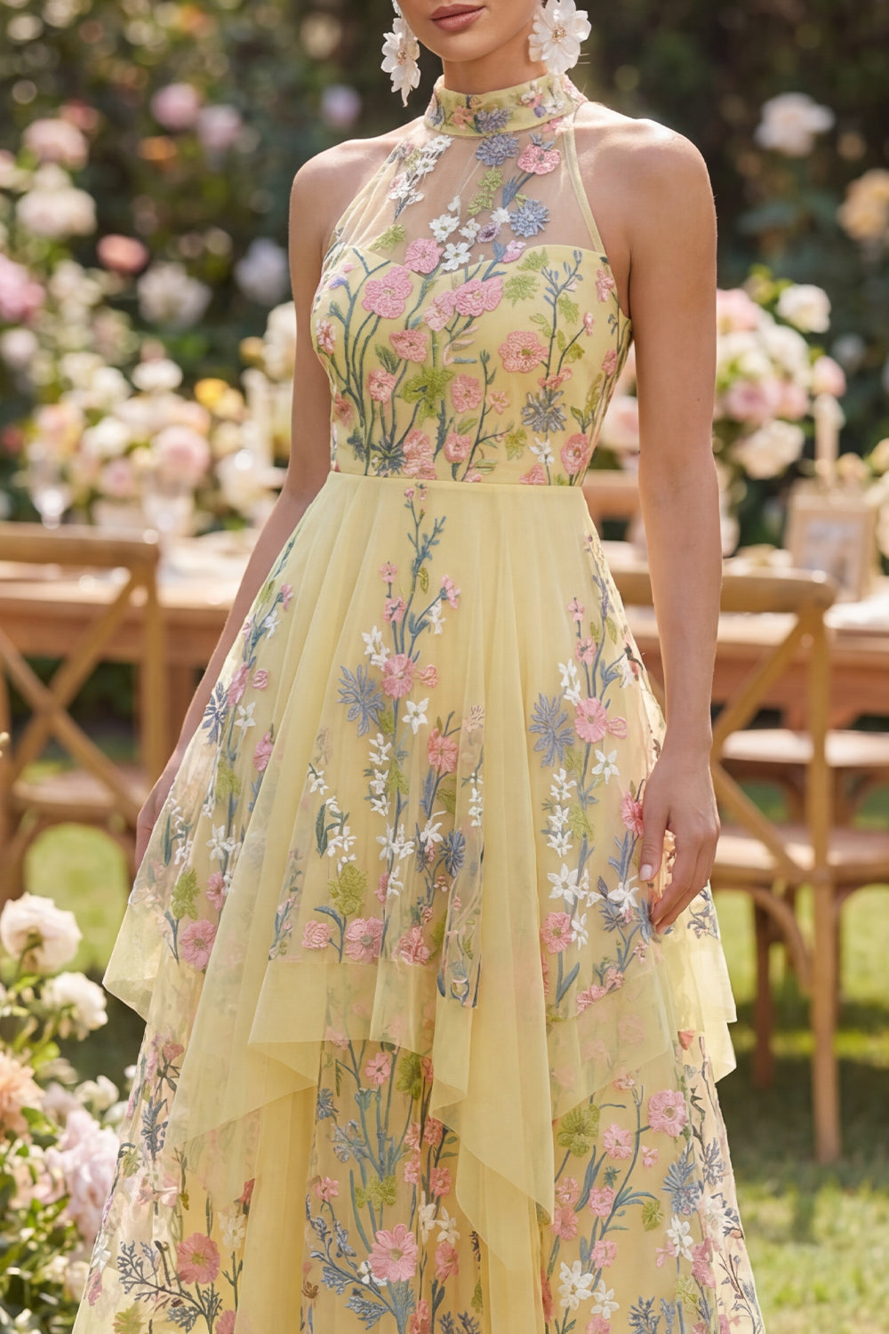 Halter Floral Yellow A Line Ruffled Wedding Guest Dress