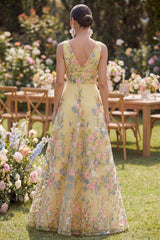 Floral Yellow V Neck A Line Maxi Wedding Guest Dress