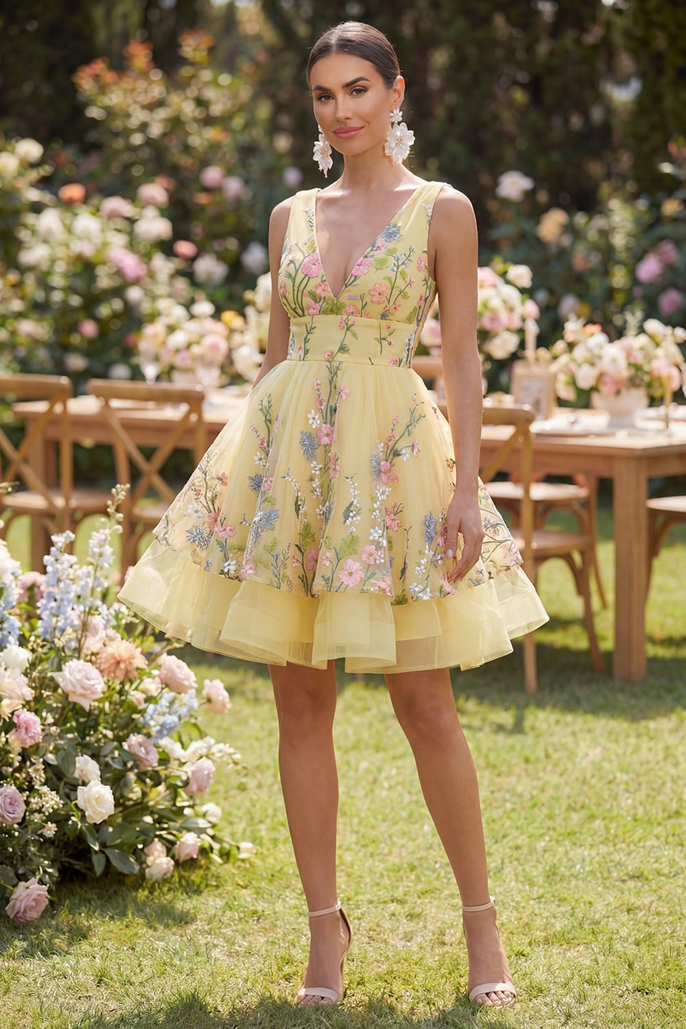 Yellow Floral A Line Mini Wedding Guest Dress