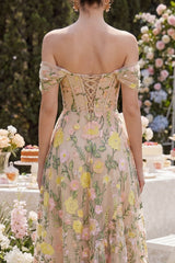 Off the Shoulder Corset A Line Floral Champagne Wedding Guest Dress