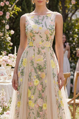 Bateau Neck Floral A Line Champagne Wedding Guest Dress