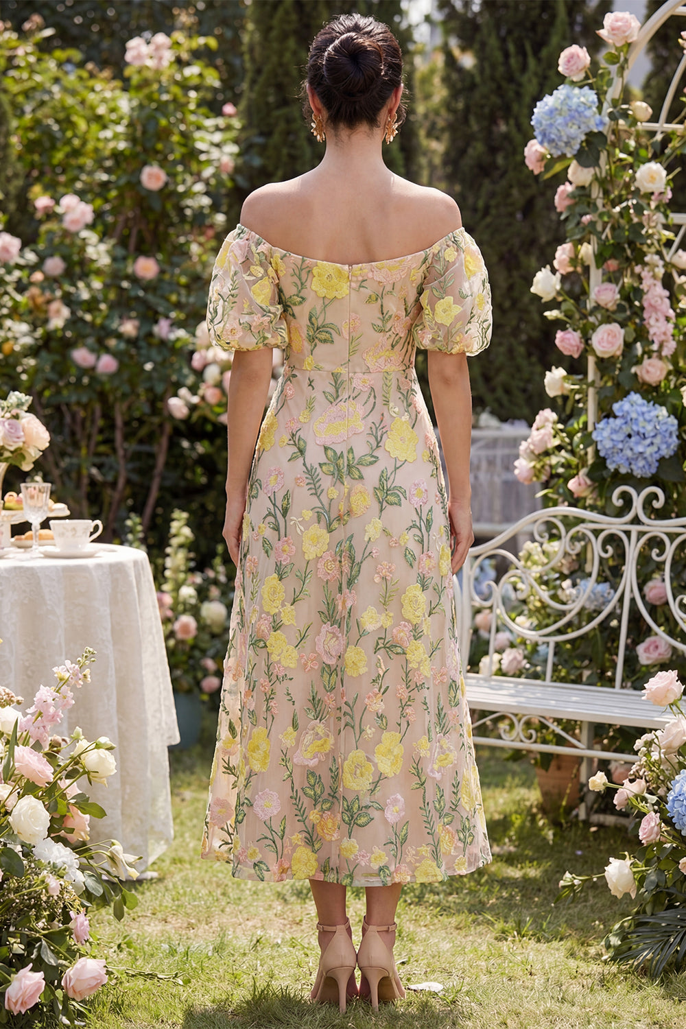 Champagne Off the Shoulder Floral A Line Wedding Guest Dress