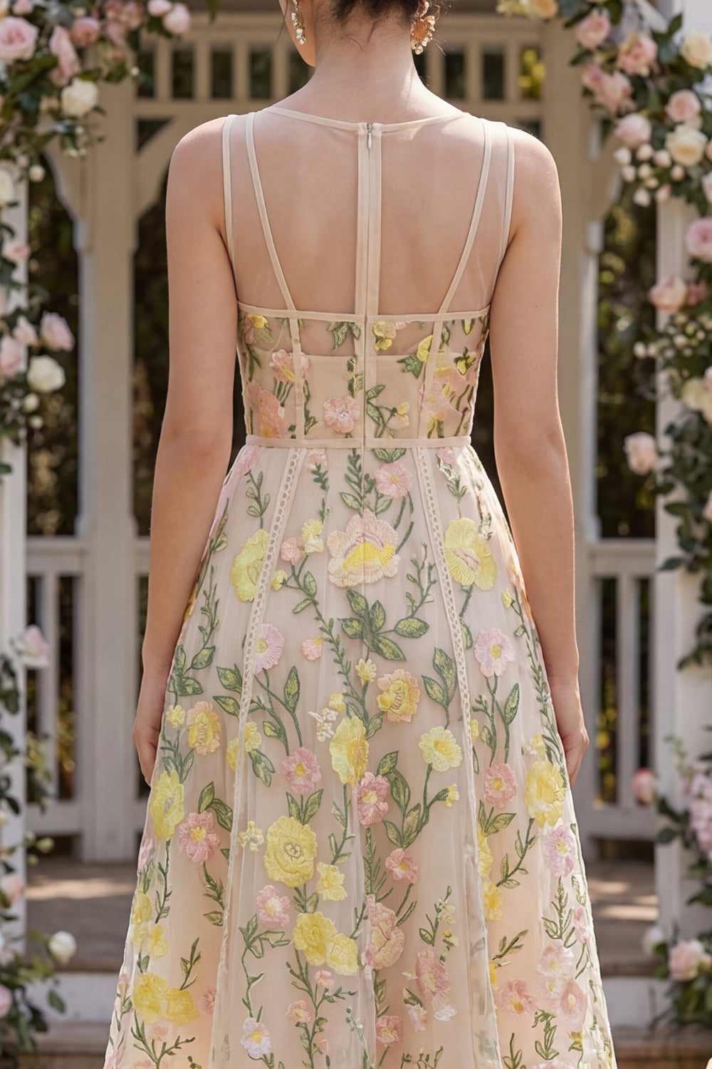Champagne Floral A Line Corset Midi Wedding Guest Dress