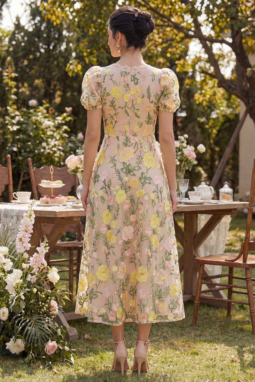 Champagne A Line Embroidered Floral Midi Wedding Guest Dress