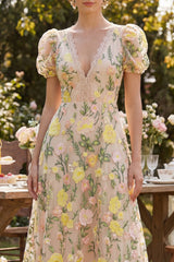 Champagne A Line Embroidered Floral Midi Wedding Guest Dress