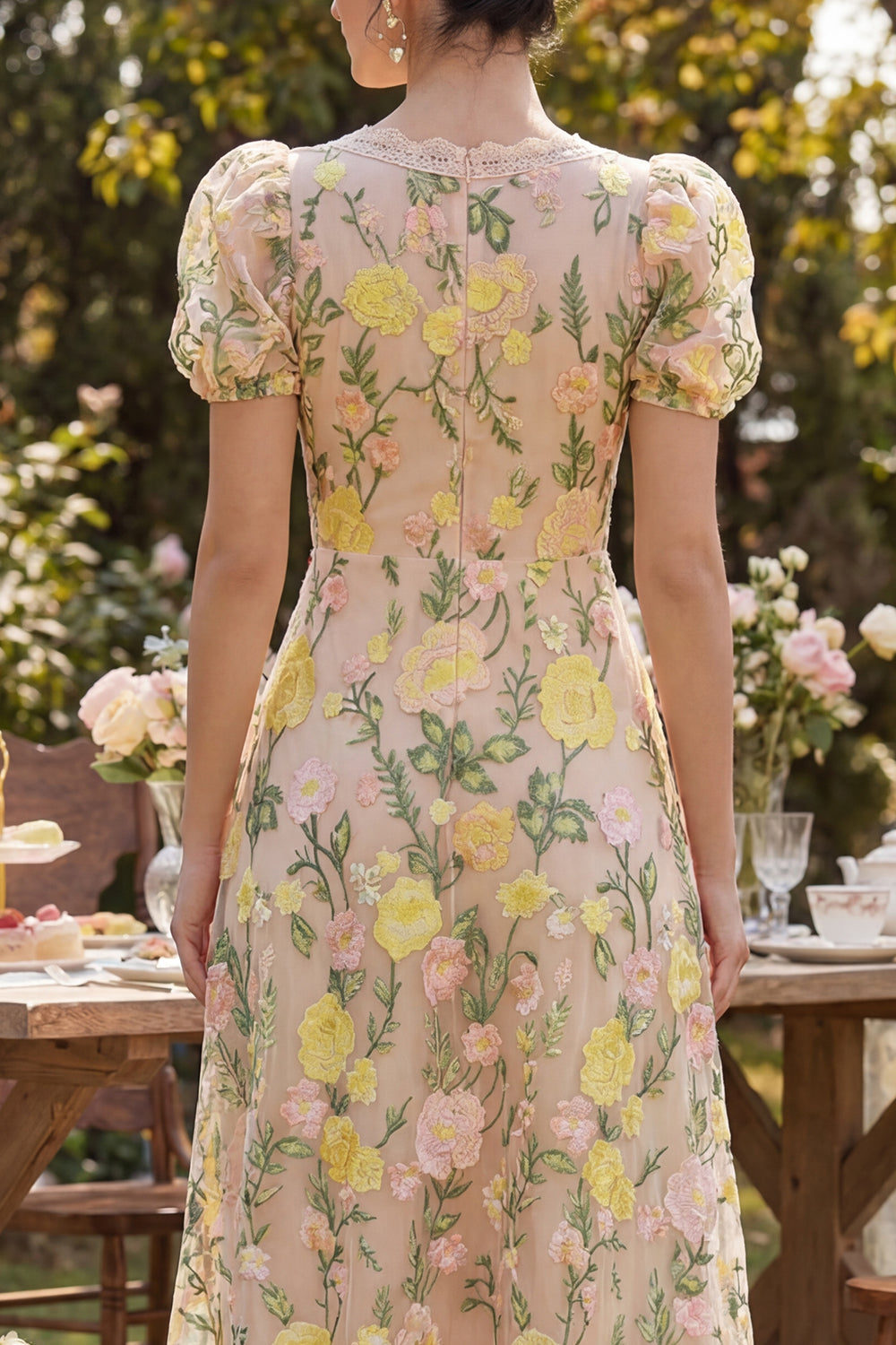 Champagne A Line Embroidered Floral Midi Wedding Guest Dress