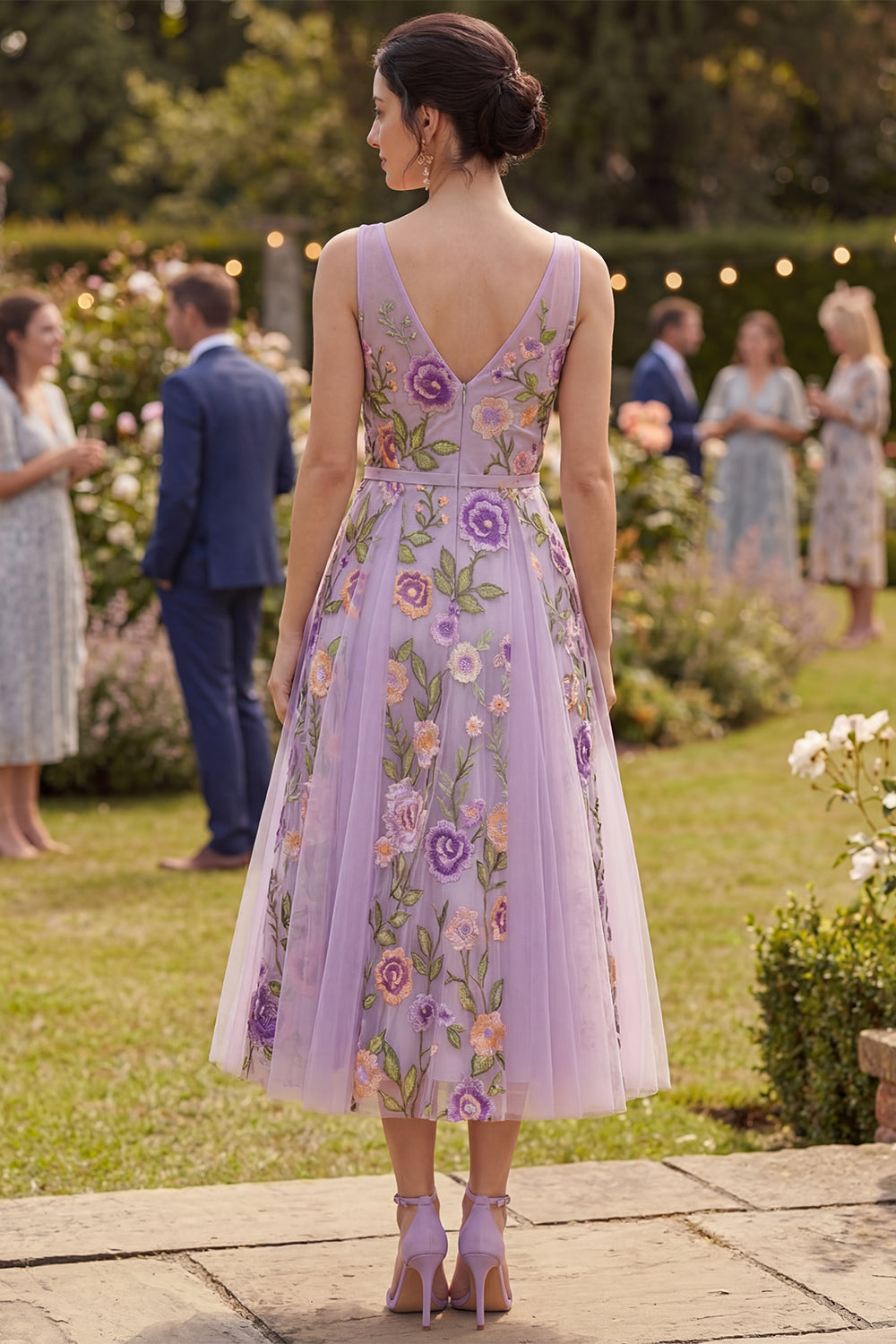 Embroidered Floral Lilac A Line V Neck Wedding Guest Dress