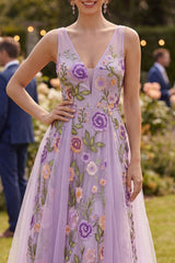 Embroidered Floral Lilac A Line V Neck Wedding Guest Dress
