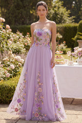 Strapless Floral Lilac A Line Embroidered Maxi Wedding Guest Dress