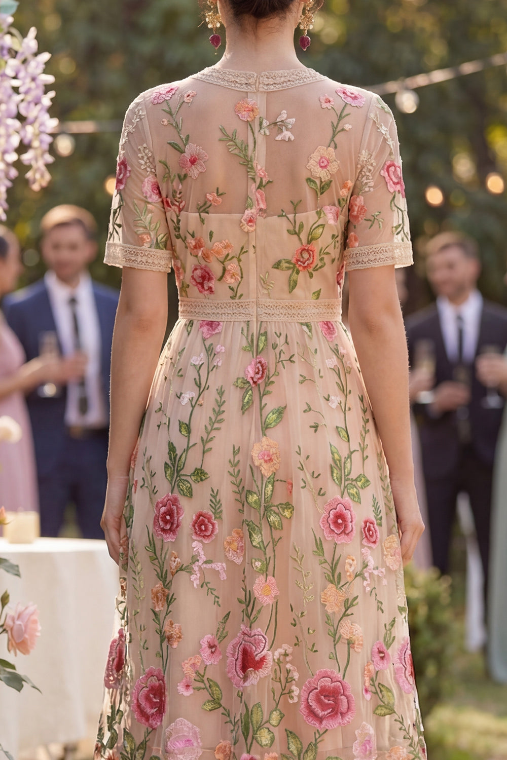 Floral Blush A Line Embroidered Midi Wedding Guest Dress