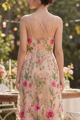 Blush Floral A Line Embroidered Maxi Wedding Guest Dress