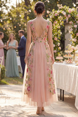 High Low Blush Floral Embroidered A Line Wedding Guest Dress