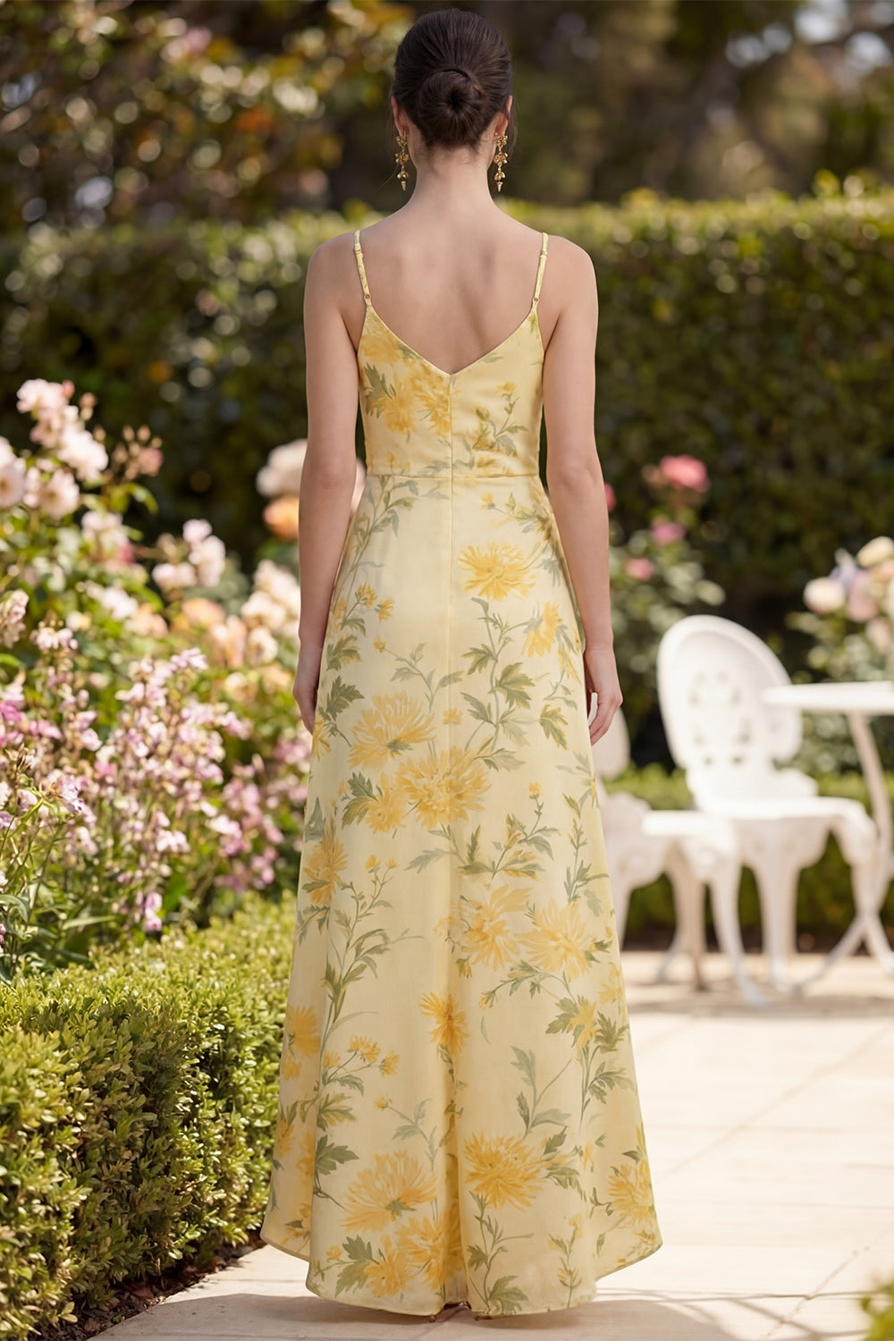Printed A Line Yellow High Low Ruched Wedding Guest Dress